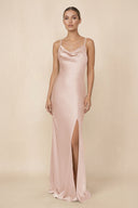 Sheath Cowl Neck Satin Bridesmaid Dress With Slit in Pale Blush - KissProm Bridesmaid Dresses