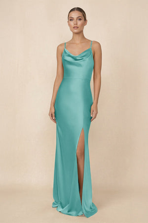 Sheath Cowl Neck Satin Bridesmaid Dress With Slit in Pale Pistachio - KissProm Bridesmaid Dresses