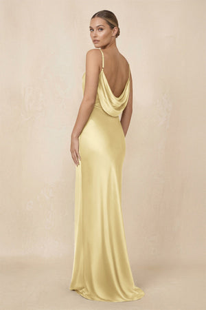 Sheath Cowl Neck Satin Bridesmaid Dress With Slit in Pastel Yellow - KissProm Bridesmaid Dresses