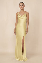 Sheath Cowl Neck Satin Bridesmaid Dress With Slit in Pastel Yellow - KissProm Bridesmaid Dresses