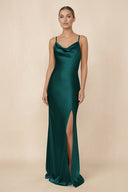 Sheath Cowl Neck Satin Bridesmaid Dress With Slit in Pine - KissProm Bridesmaid Dresses