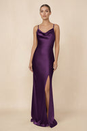 Sheath Cowl Neck Satin Bridesmaid Dress With Slit in Plum - KissProm Bridesmaid Dresses