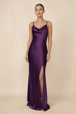 Sheath Cowl Neck Satin Bridesmaid Dress With Slit in Plum - KissProm Bridesmaid Dresses