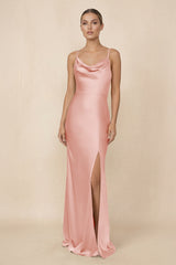 Sheath Cowl Neck Satin Bridesmaid Dress With Slit in Rose Petal - KissProm Bridesmaid Dresses