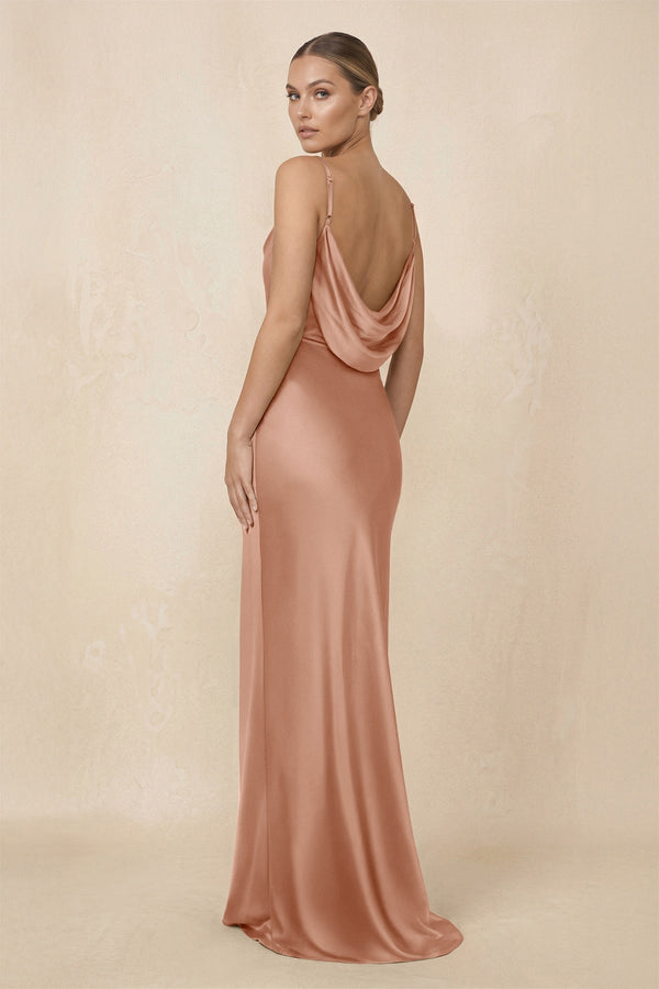 Sheath Cowl Neck Satin Bridesmaid Dress With Slit in Rosette - KissProm Bridesmaid Dresses
