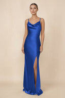 Sheath Cowl Neck Satin Bridesmaid Dress With Slit in Royal Blue - KissProm Bridesmaid Dresses