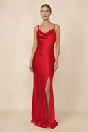 Sheath Cowl Neck Satin Bridesmaid Dress With Slit in Ruby Red - KissProm Bridesmaid Dresses