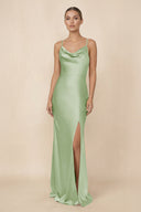 Sheath Cowl Neck Satin Bridesmaid Dress With Slit in Sage - KissProm Bridesmaid Dresses