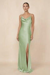 Sheath Cowl Neck Satin Bridesmaid Dress With Slit in Sage - KissProm Bridesmaid Dresses