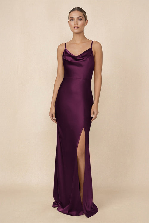 Sheath Cowl Neck Satin Bridesmaid Dress With Slit in Sangria - KissProm Bridesmaid Dresses