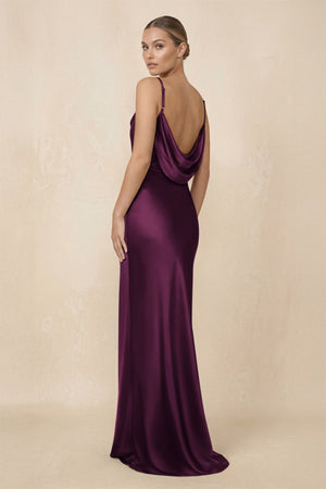 Sheath Cowl Neck Satin Bridesmaid Dress With Slit in Sangria - KissProm Bridesmaid Dresses