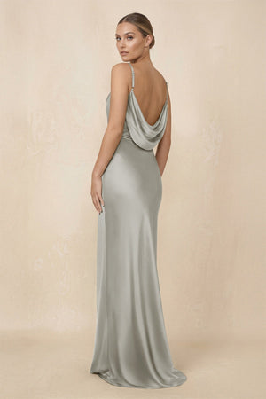 Sheath Cowl Neck Satin Bridesmaid Dress With Slit in Silver - KissProm Bridesmaid Dresses