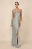 Sheath Cowl Neck Satin Bridesmaid Dress With Slit in Silver - KissProm Bridesmaid Dresses