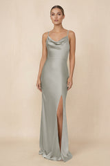 Sheath Cowl Neck Satin Bridesmaid Dress With Slit in Silver - KissProm Bridesmaid Dresses