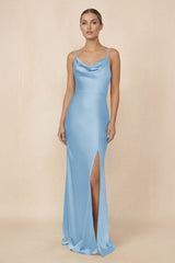 Sheath Cowl Neck Satin Bridesmaid Dress With Slit in Sky Blue - KissProm Bridesmaid Dresses