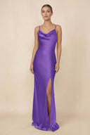 Sheath Cowl Neck Satin Bridesmaid Dress With Slit in Tahiti - KissProm Bridesmaid Dresses