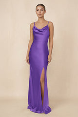 Sheath Cowl Neck Satin Bridesmaid Dress With Slit in Tahiti - KissProm Bridesmaid Dresses