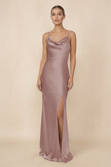 Sheath Cowl Neck Satin Bridesmaid Dress With Slit in Toffee - KissProm Bridesmaid Dresses