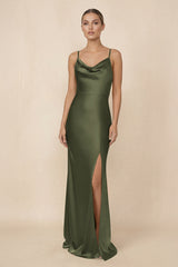 Sheath Cowl Neck Satin Bridesmaid Dress With Slit in Willow Green - KissProm Bridesmaid Dresses