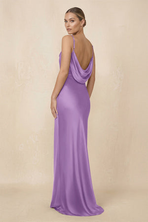 Sheath Cowl Neck Satin Bridesmaid Dress With Slit in Wisteria - KissProm Bridesmaid Dresses