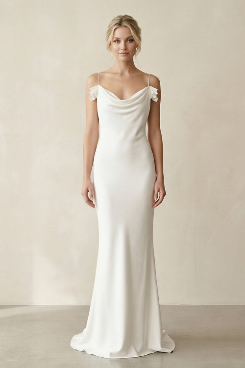 Sheath Cowl Neck Satin Maxi Wedding Dress in White - KissProm Wedding Dresses