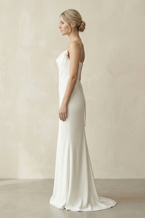 Sheath Cowl Neck Satin Maxi Wedding Dress in White - KissProm Wedding Dresses