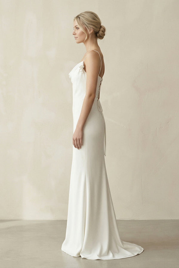 Sheath Cowl Neck Satin Maxi Wedding Dress in White - KissProm Wedding Dresses