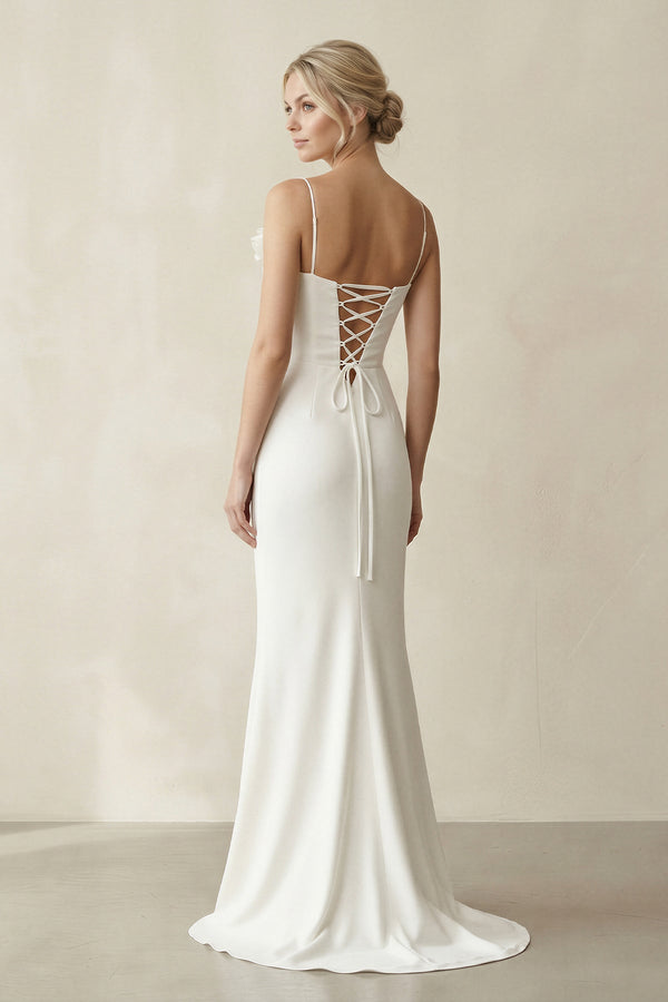 Sheath Cowl Neck Satin Maxi Wedding Dress in White - KissProm Wedding Dresses