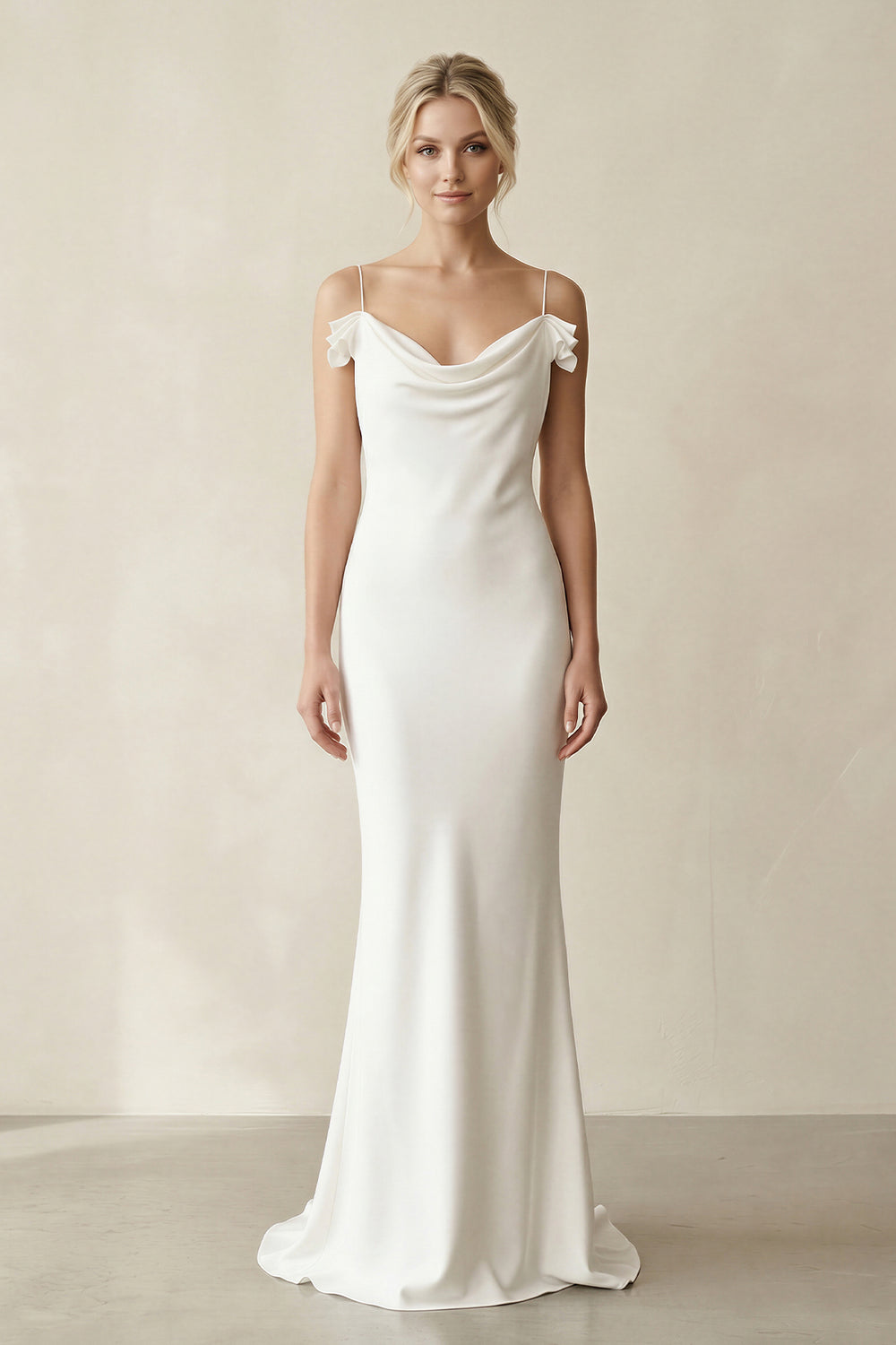White Spaghetti Straps Long Sheath Satin Wedding Dresses – Wedding Dresses by KissProm | Available at KissProm