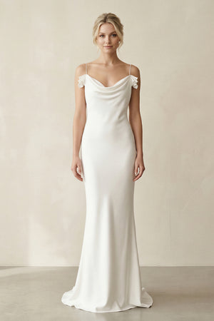 White Spaghetti Straps Long Sheath Satin Wedding Dresses – Wedding Dresses by KissProm | Available at KissProm