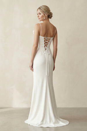 White Spaghetti Straps Long Sheath Satin Wedding Dresses – Wedding Dresses by KissProm | Available at KissProm