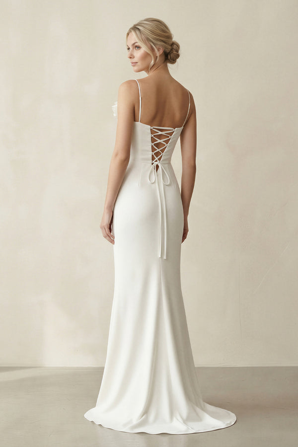 White Spaghetti Straps Long Sheath Satin Wedding Dresses – Wedding Dresses by KissProm | Available at KissProm