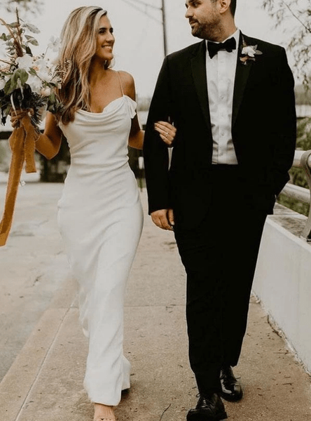White Spaghetti Straps Long Sheath Satin Wedding Dresses – Wedding Dresses by KissProm | Available at KissProm
