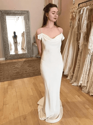 White Spaghetti Straps Long Sheath Satin Wedding Dresses – Wedding Dresses by KissProm | Available at KissProm