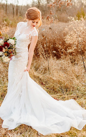 Sheath Ethereal Bell Sleeve Garden Wedding Dress Jewel High Neck Tulle