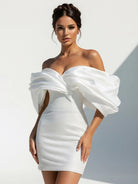 Cylae | Sheath Glitter Short Off - the - Shoulder Wedding Dress With Lace - Up Back - KissProm
