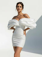 Cylae | Sheath Glitter Short Off - the - Shoulder Wedding Dress With Lace - Up Back - KissProm