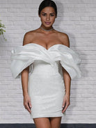 Sheath Glitter Short Off - the - Shoulder Wedding Dress With Lace - Up Back - KissProm
