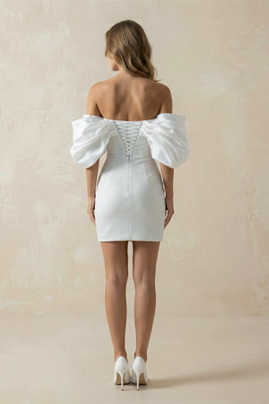 Sheath Glitter Short Off - the - Shoulder Wedding Dress With Lace - Up Back – Wedding Dresses by KissProm | Available at KissProm