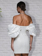 Sheath Glitter Short Off - the - Shoulder Wedding Dress With Lace - Up Back - KissProm