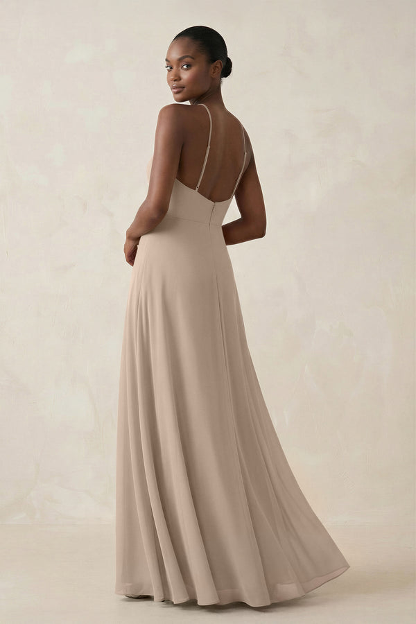 Sheath Halter Chiffon Bridesmaid Dress with Slit in Almond - KissProm Bridesmaid Dresses