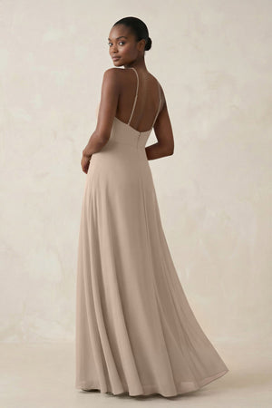 Sheath Halter Chiffon Bridesmaid Dress with Slit in Almond - KissProm Bridesmaid Dresses