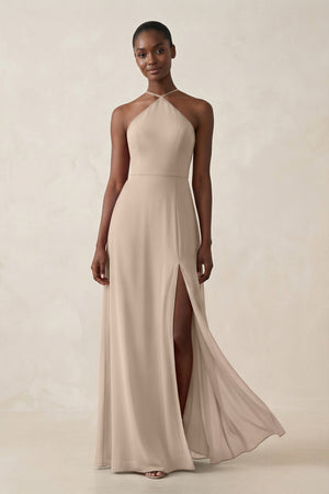 Sheath Halter Chiffon Bridesmaid Dress with Slit in Almond - KissProm Bridesmaid Dresses