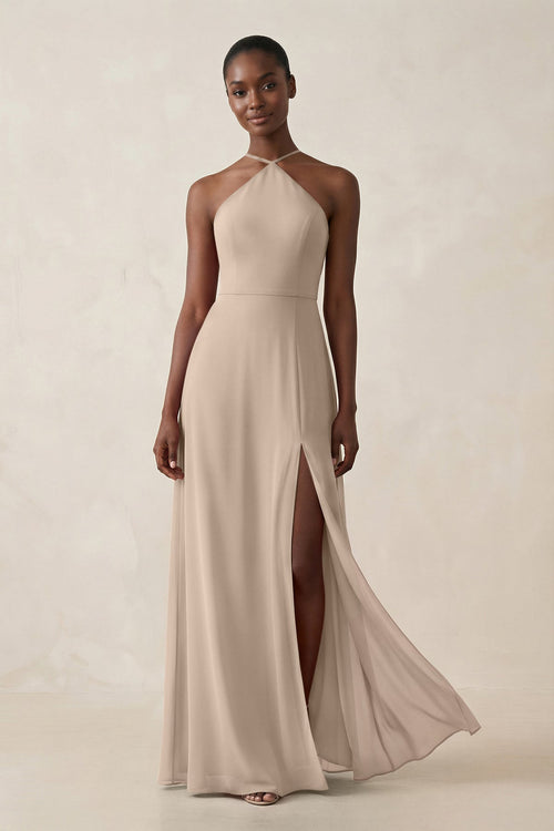 Sheath Halter Chiffon Bridesmaid Dress with Slit in Almond - KissProm Bridesmaid Dresses