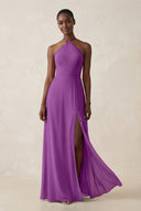 Sheath Halter Chiffon Bridesmaid Dress with Slit in Amethyst - KissProm Bridesmaid Dresses