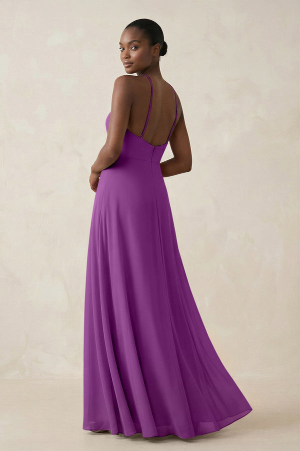 Sheath Halter Chiffon Bridesmaid Dress with Slit in Amethyst - KissProm Bridesmaid Dresses