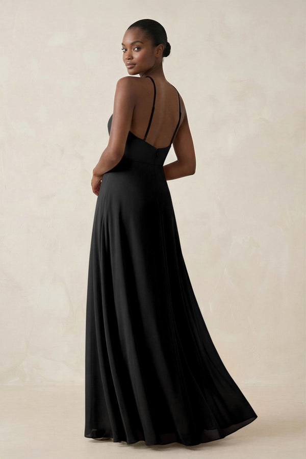 Sheath Halter Chiffon Bridesmaid Dress with Slit in Black - KissProm Bridesmaid Dresses