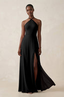 Sheath Halter Chiffon Bridesmaid Dress with Slit in Black - KissProm Bridesmaid Dresses