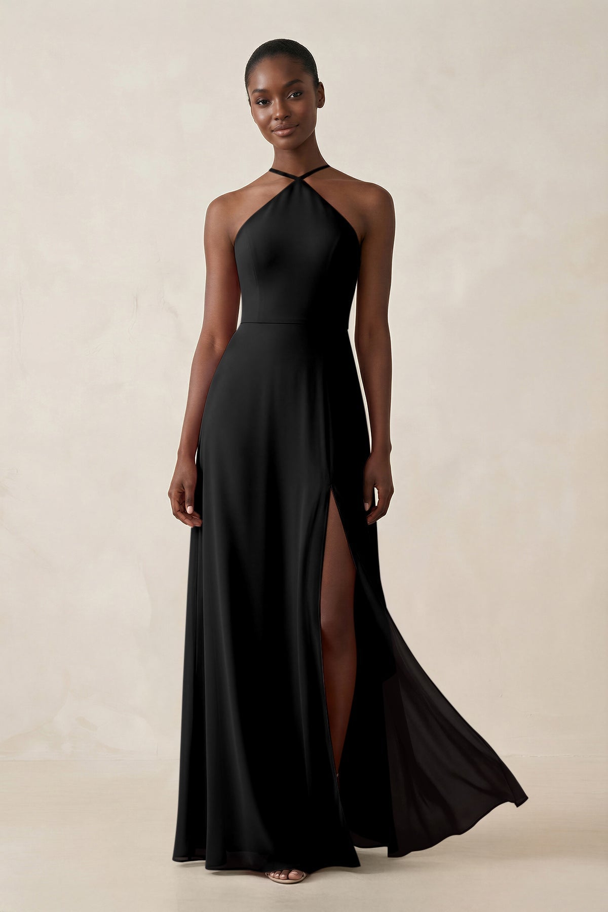 KissProm Sheath Halter Chiffon Bridesmaid Dress with Slit in Black, Black / 4