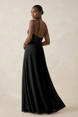 Sheath Halter Chiffon Bridesmaid Dress with Slit in Black - KissProm Bridesmaid Dresses